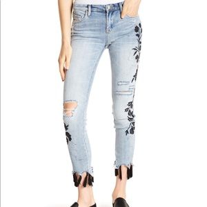 BLANKNYC Tassel trim floral embroidered denim